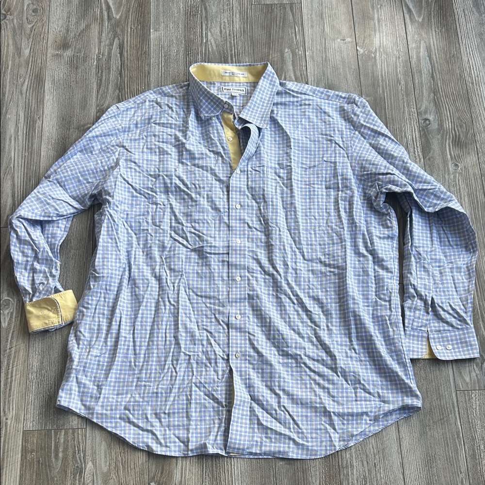 Paul Fredrick Blue Check Button-Down Shirt with Cream Contrast
